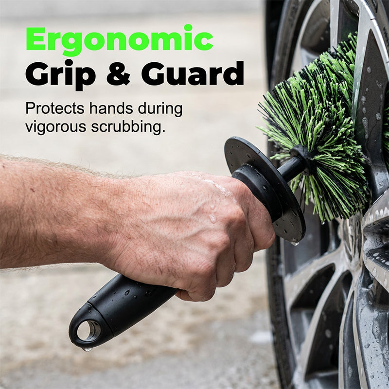 Ergonomic wheel cleaning brush handle with hand guard