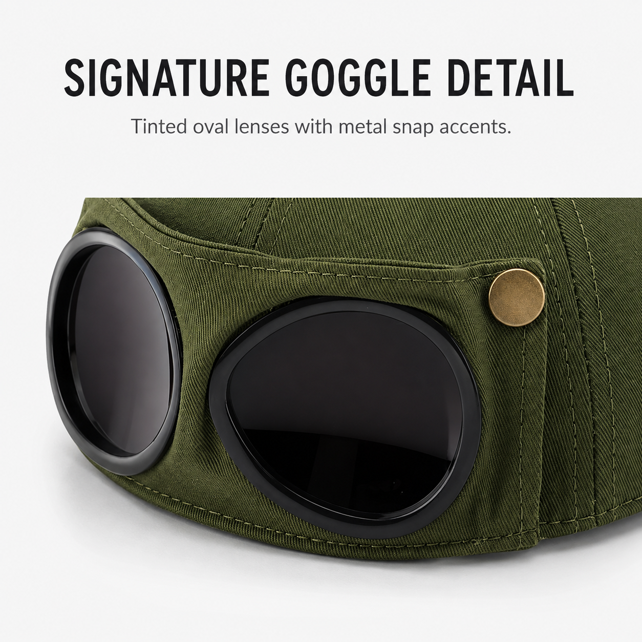 Metal snap buttons and curved brim detail