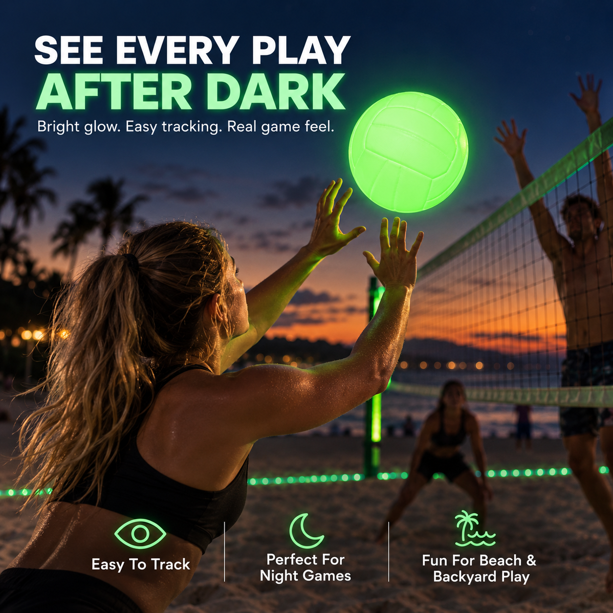 Glowing volleyball visible during night volleyball