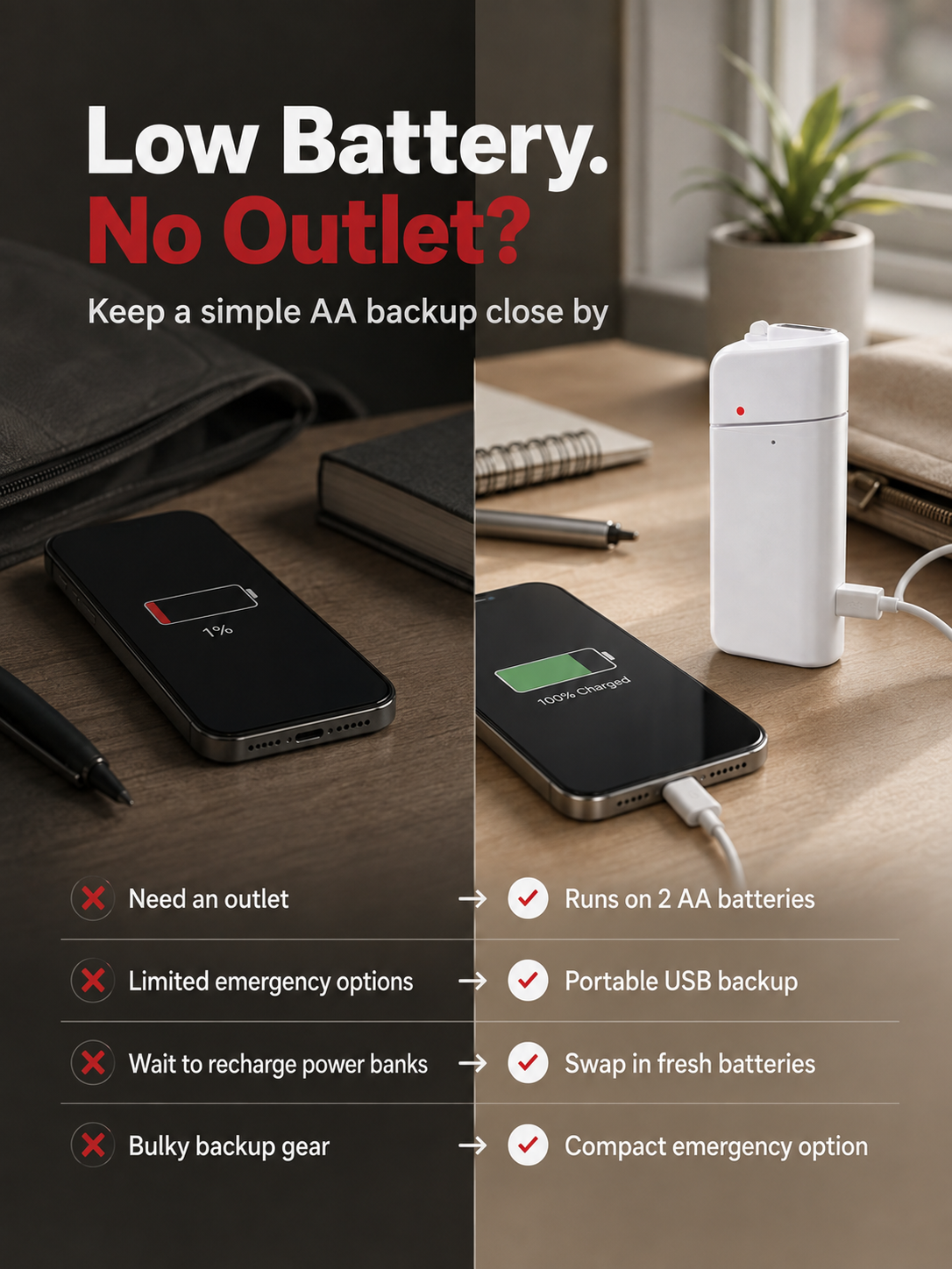 Product comparison showcasing convenience of AA battery phone charger