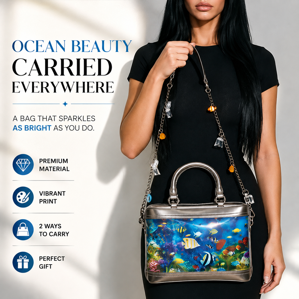 Aquarium handbag styled with modern fashion outfit
