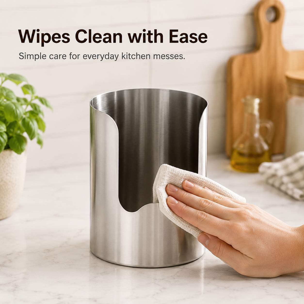 Stainless steel utensil holder showing front cutout design and brushed exterior