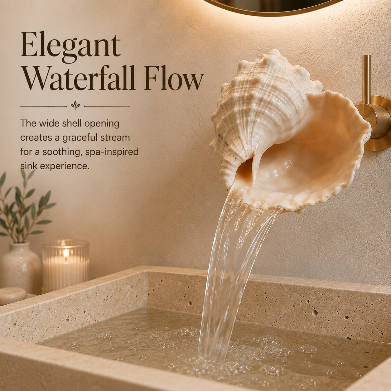 Wide waterfall stream flowing from the shell faucet