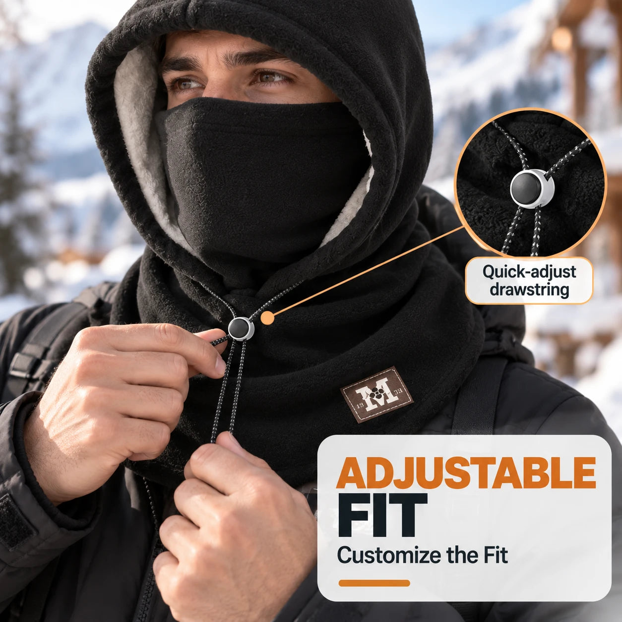 Adjustable drawstring on fleece hood being tightened