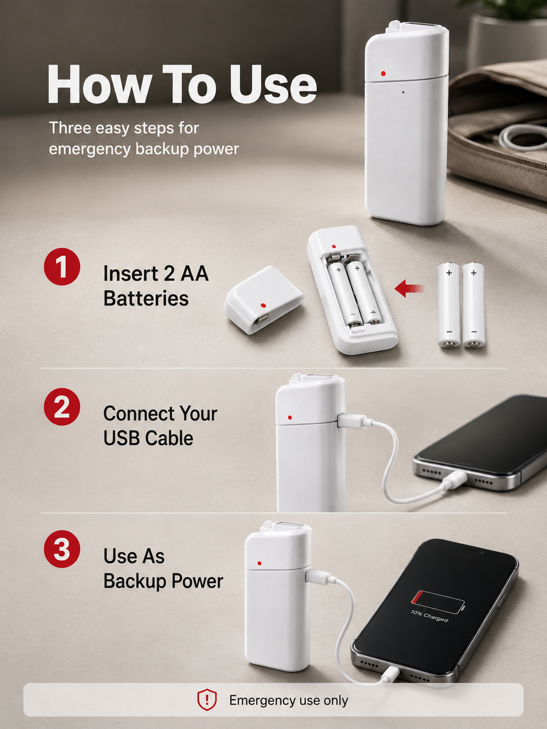Step by step usage instructions for AA battery USB phone charger