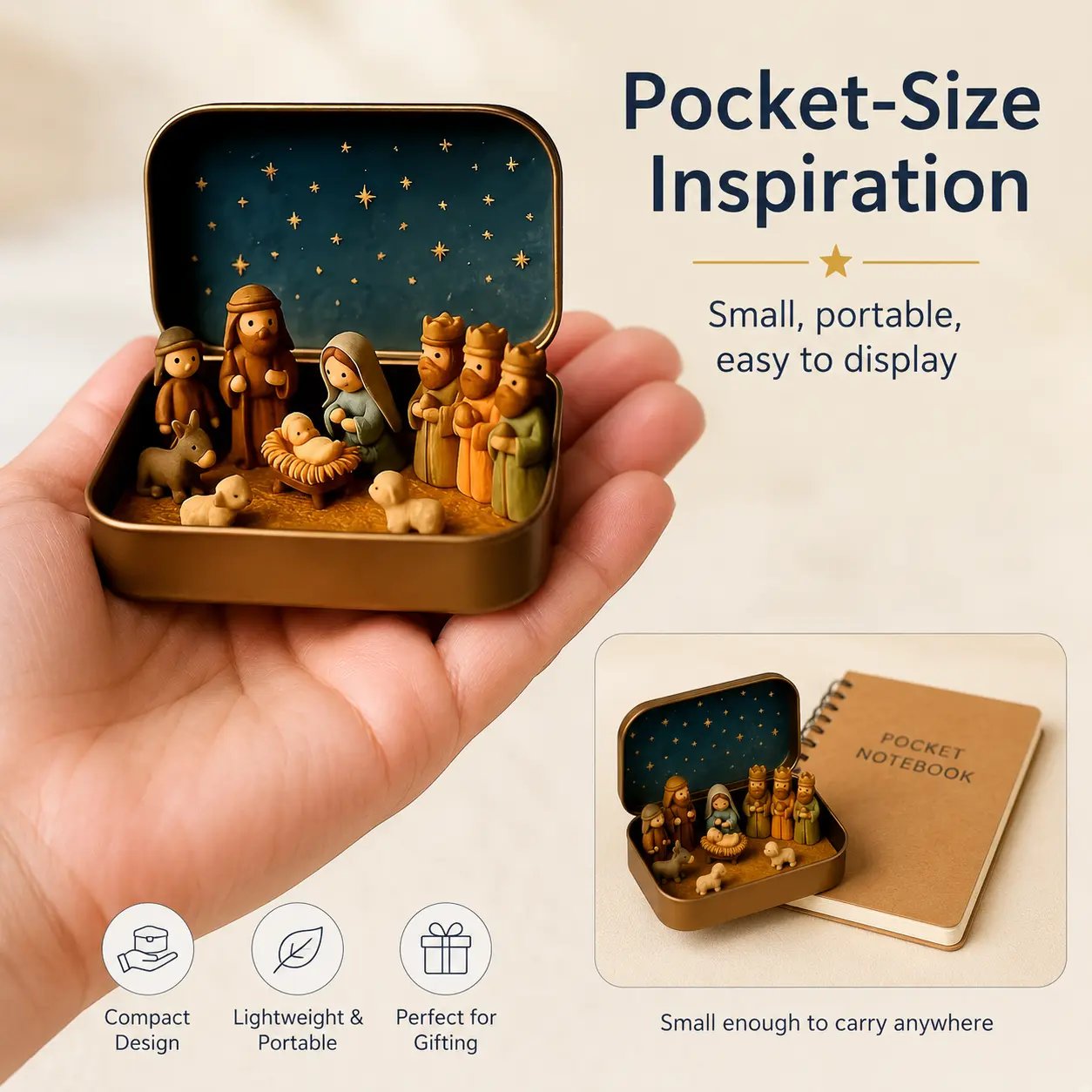 Miniature Nativity scene inside starry metal tin