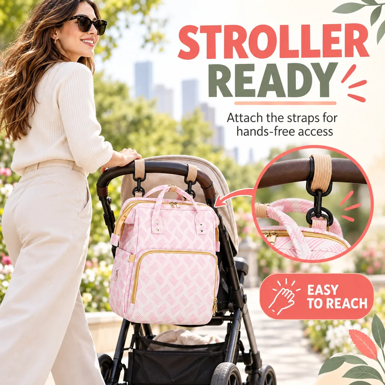 Oxford-style fabric and widened shoulder strap details