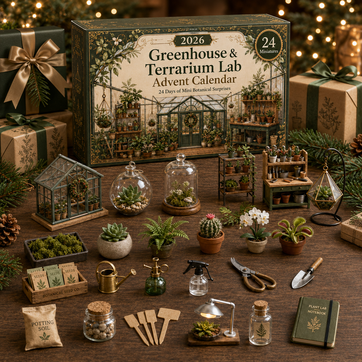 Complete Greenhouse and Terrarium Lab miniature Advent Calendar display