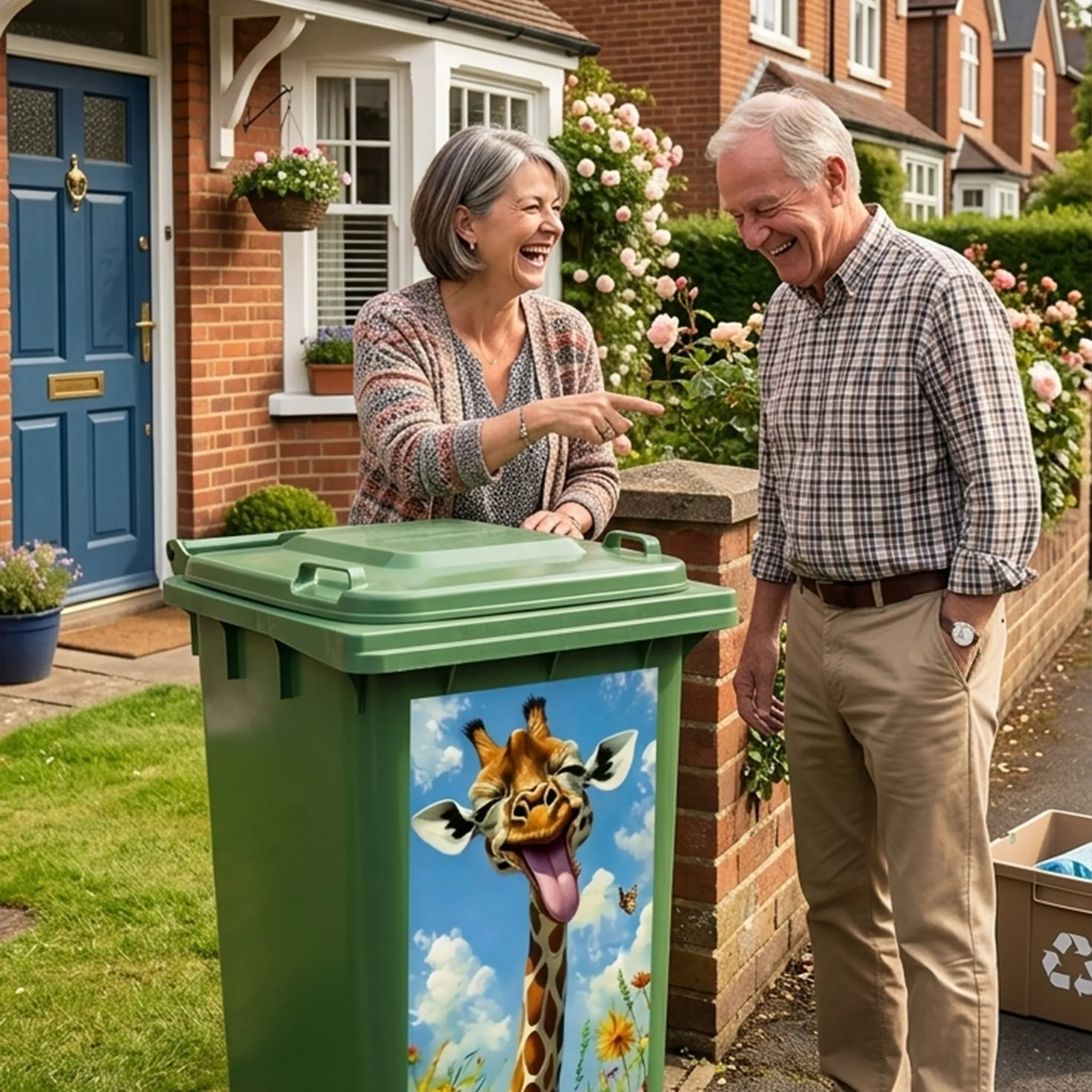 Countryside horse design sticker on green wheelie bin