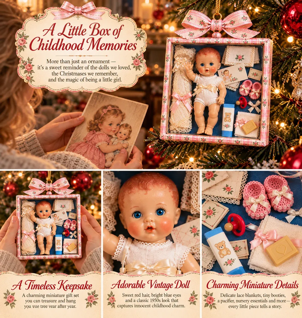 Nostalgic miniature baby doll Christmas keepsake