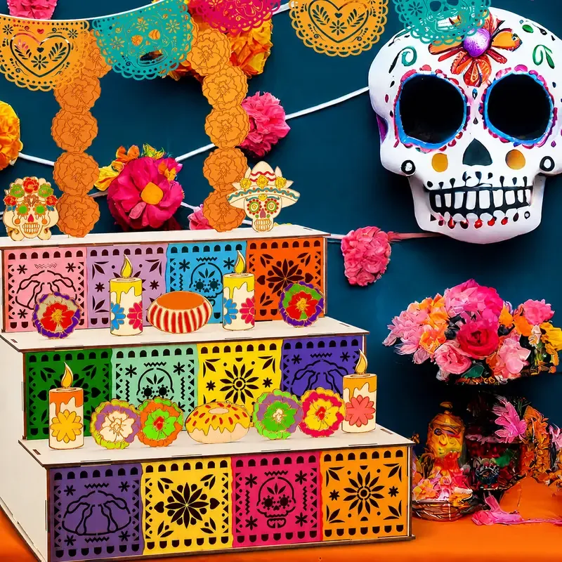 Día de los Muertos remembrance altar centerpiece styled with photos and flowers