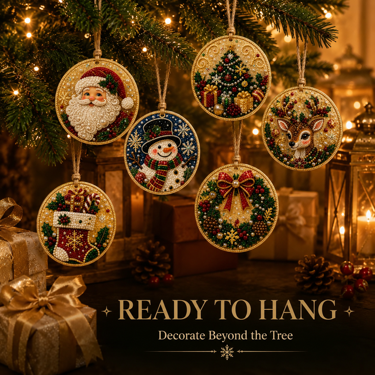 Completed handmade diamond art ornaments hung on evergreen garland