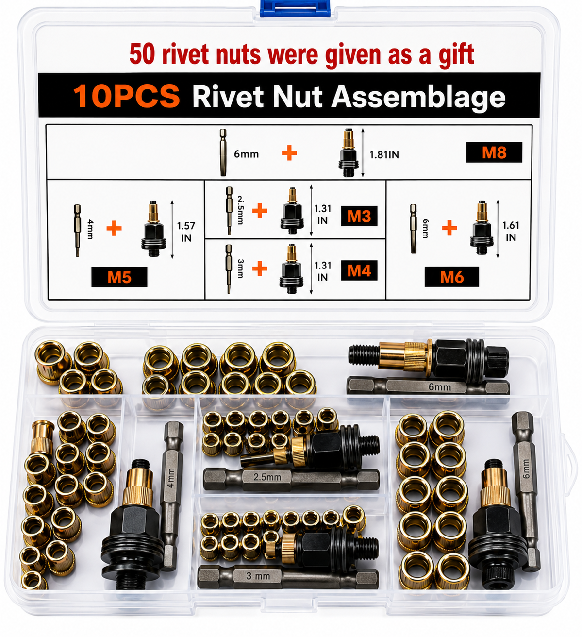 Detailed dimensions list diagram of mandrels and rivet nuts