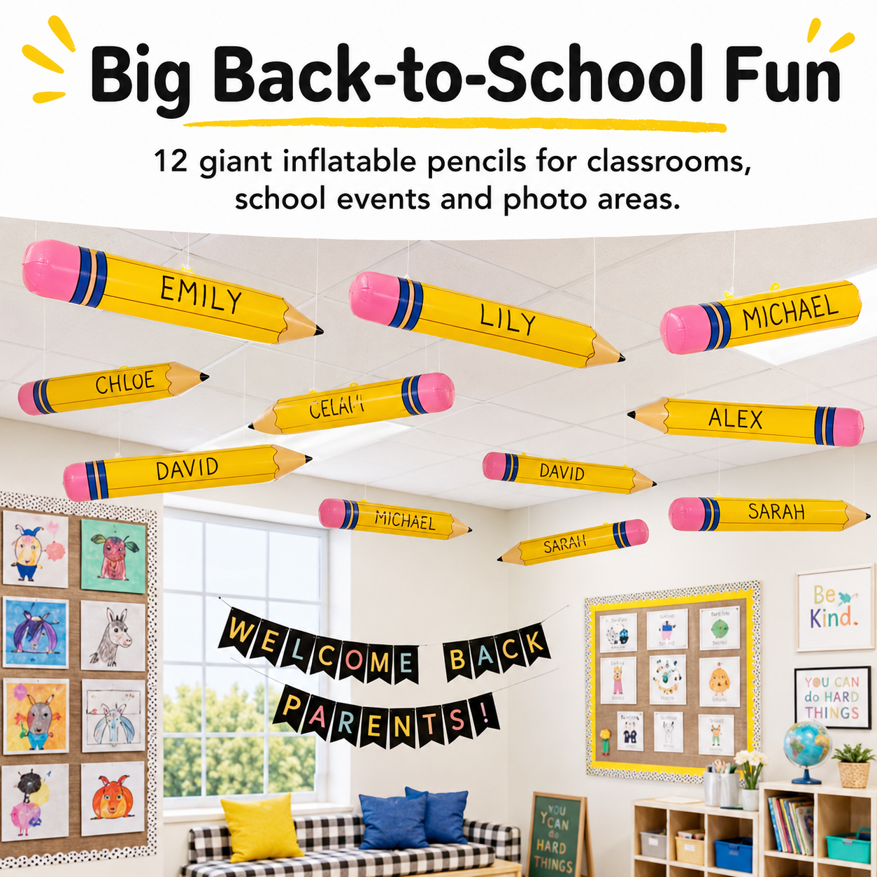 Giant inflatable pencil decorations displayed in a classroom