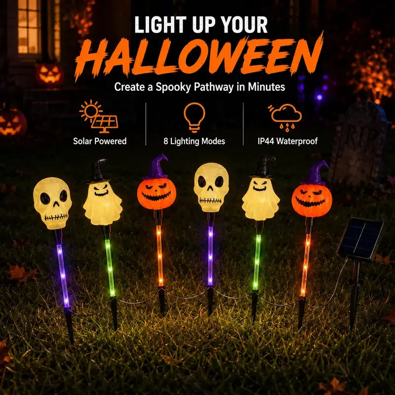 Pumpkin Ghost Skull Halloween stake lights solar panel setup