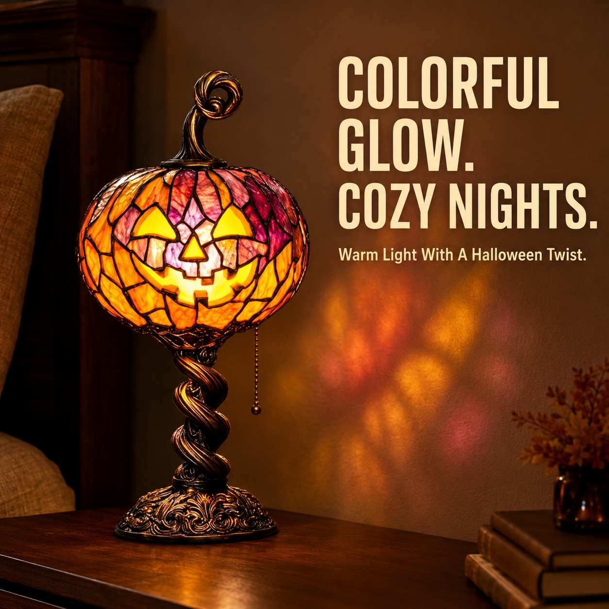 Pumpkin lamp placed on a cozy shelf