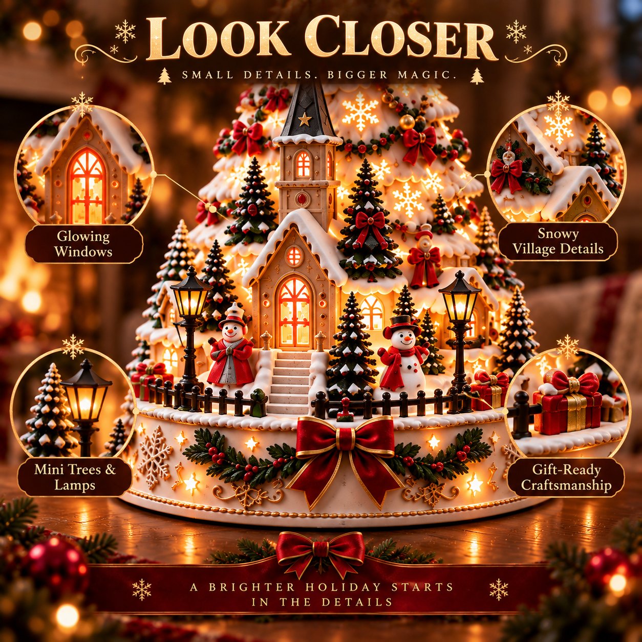 Close-up details of Christmas Village Lightscape Tree