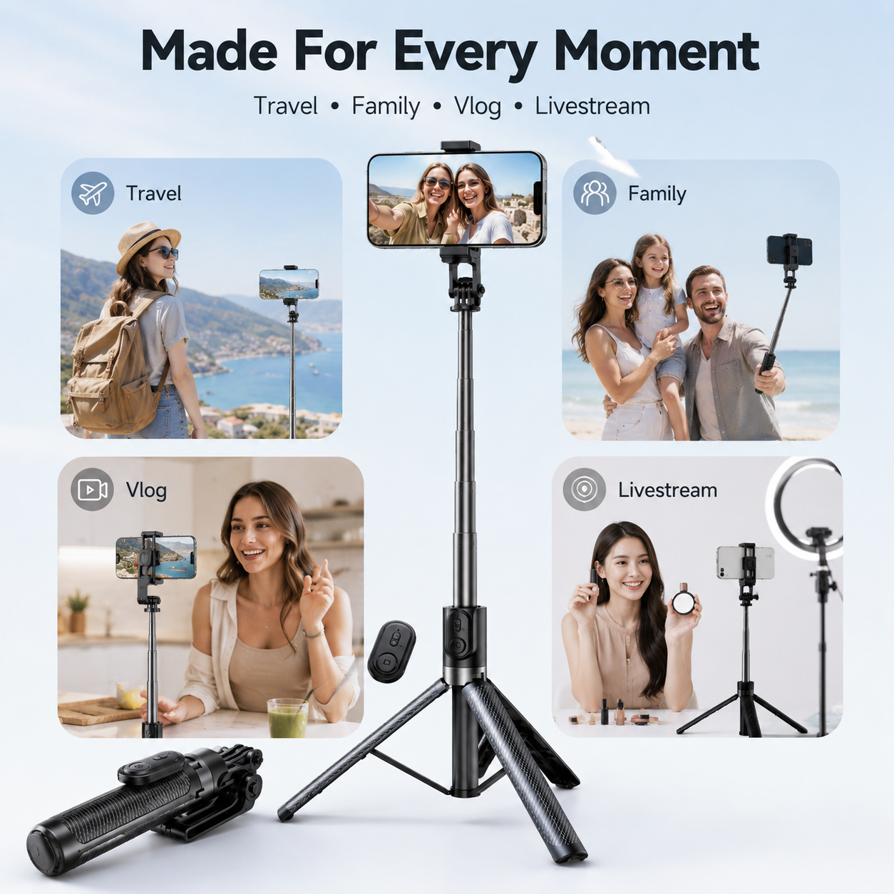 Detachable Bluetooth shutter remote and stable tripod feet
