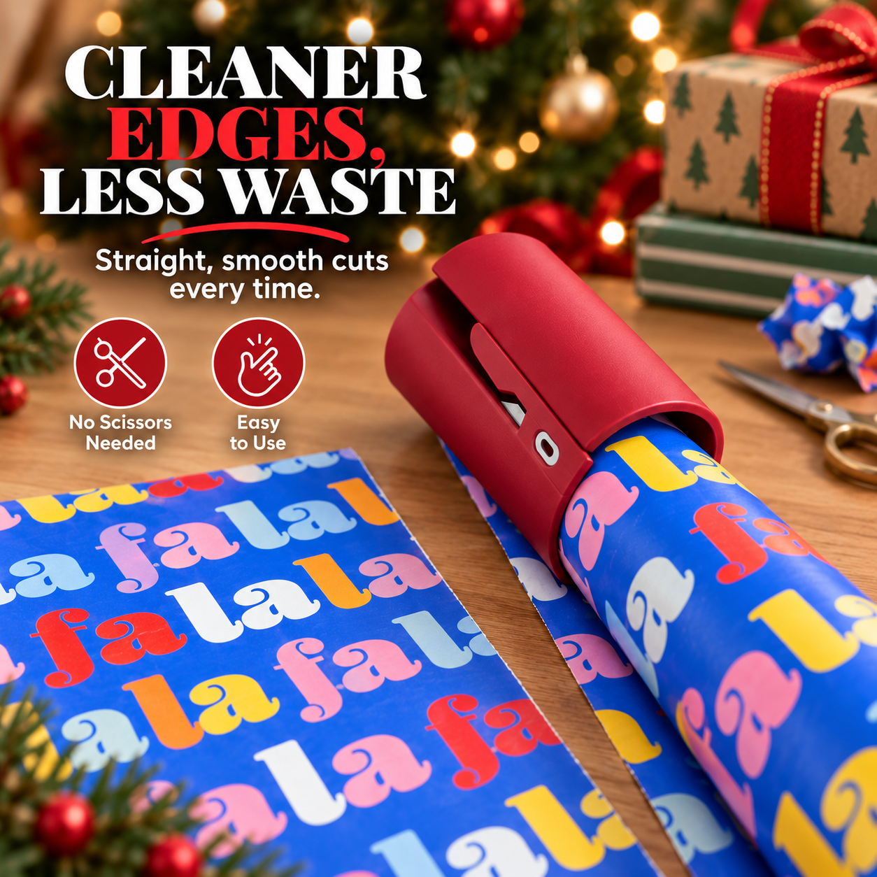 Gift wrapping paper and cutter showing the need for cleaner straight edges