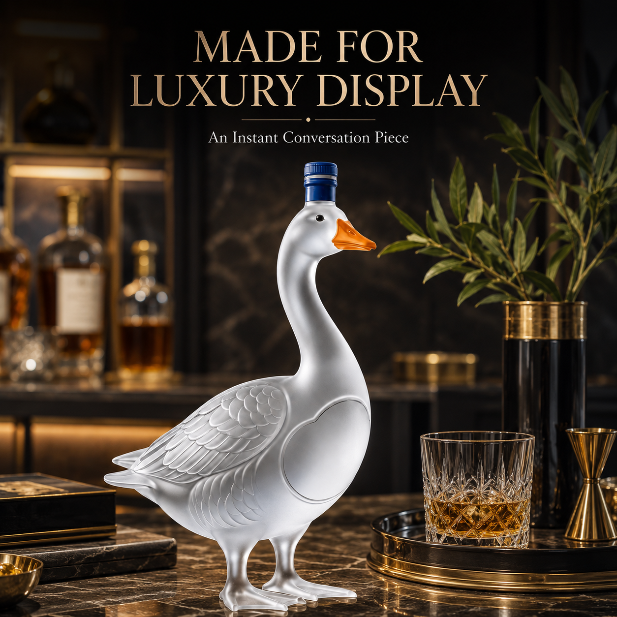Display-worthy swan bottle in luxury interior