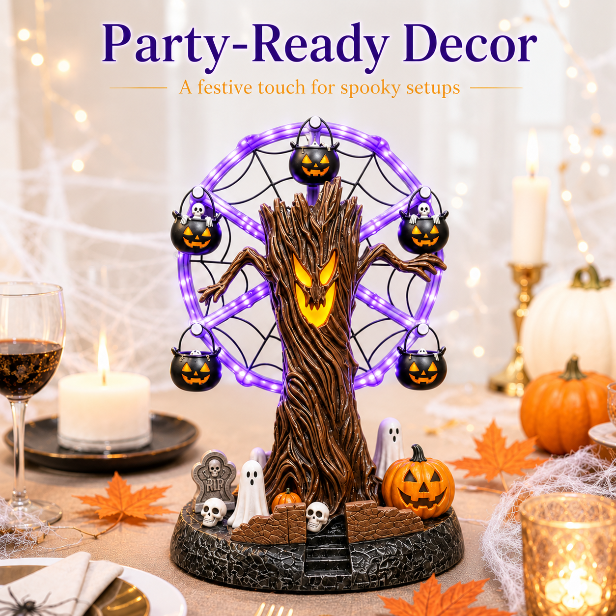 Halloween Ferris wheel decoration styled on living room mantel