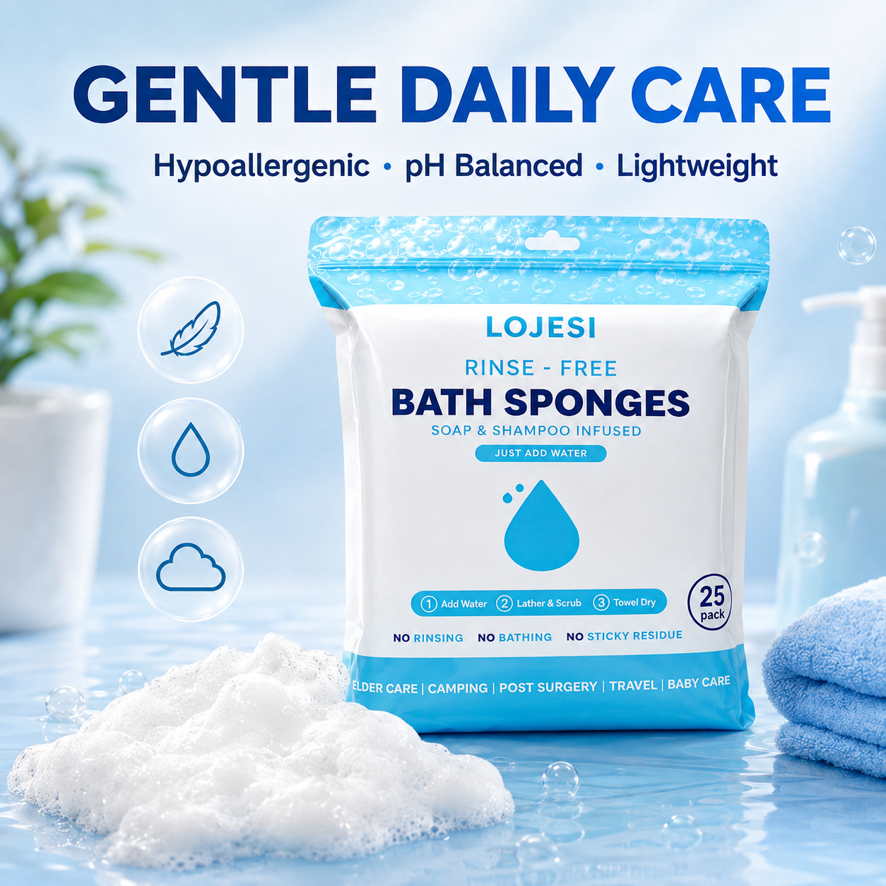 Rich foam lather for washing hair and skin without rinsing