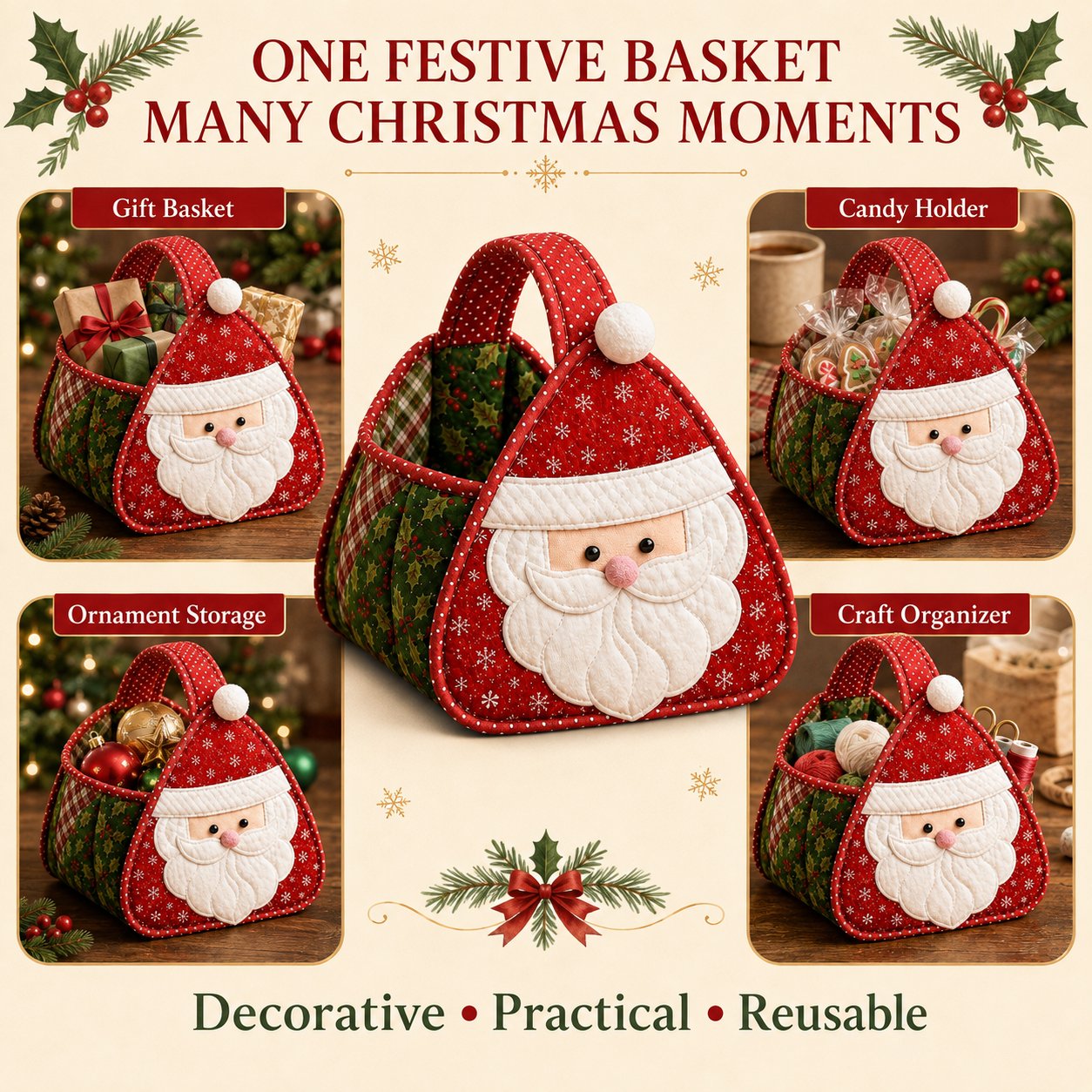 Christmas quilted basket with comfortable padded carry handle