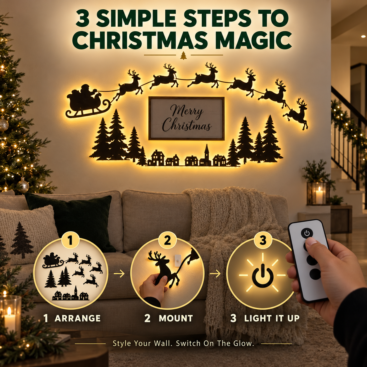 Three-step installation guide for lighted Santa and reindeer Christmas wall decoration