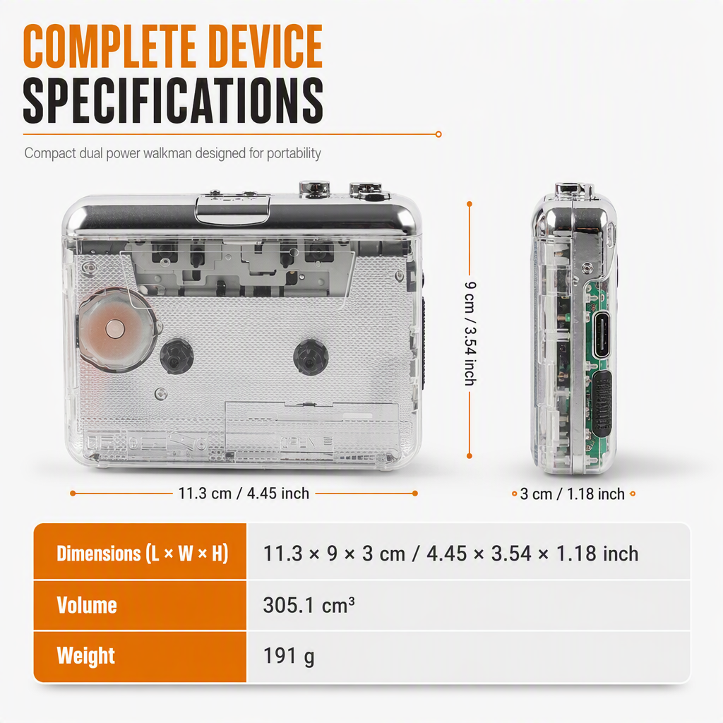 Detailed dimensions and layout specifications of the transparent cassette player