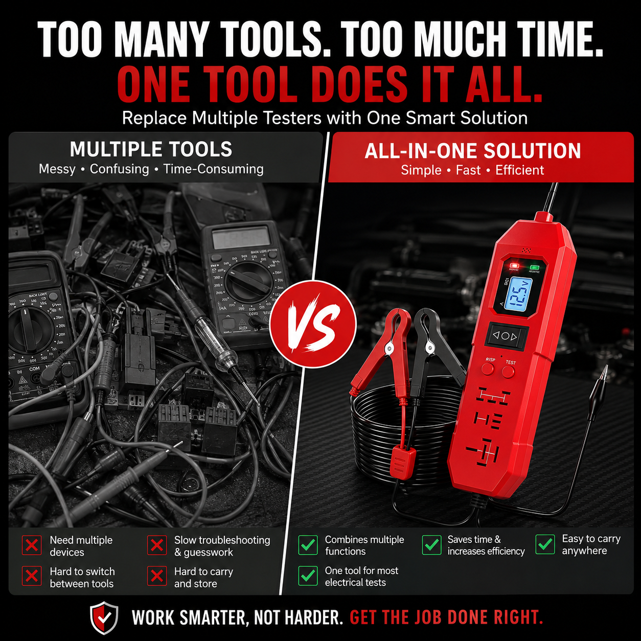 Comparison between multiple electrical testers and one all-in-one automotive diagnostic tool