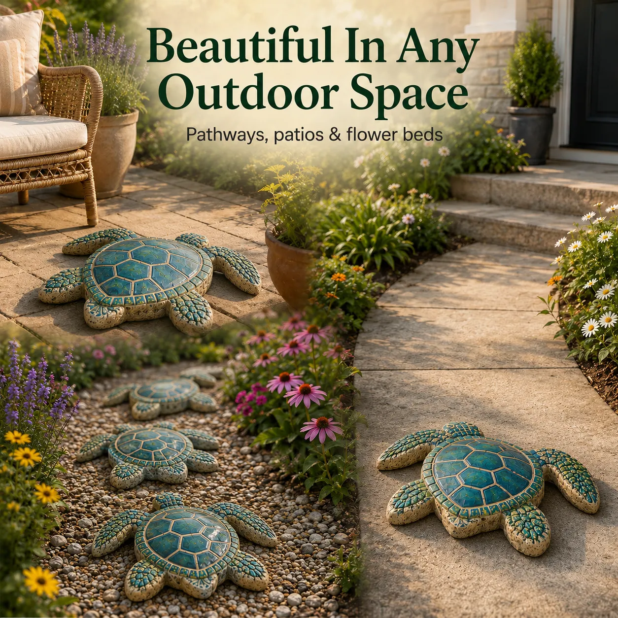 Ocean animal stepping stones installed in beach cottage yard