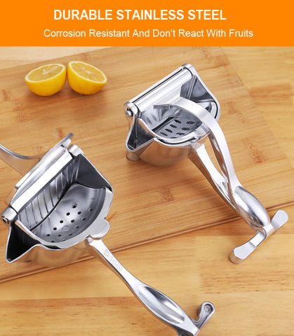 Silver metal manual citrus juicer detail