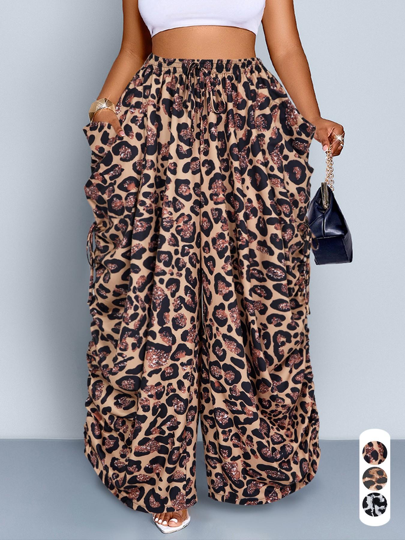 Women's Plus Size Leopard Print Wide Leg Pants, High Waist Elastic Waist Adjustable, Loose-Fitting Long Pants, Casual All Seasons Fashion, Casual High Waisted