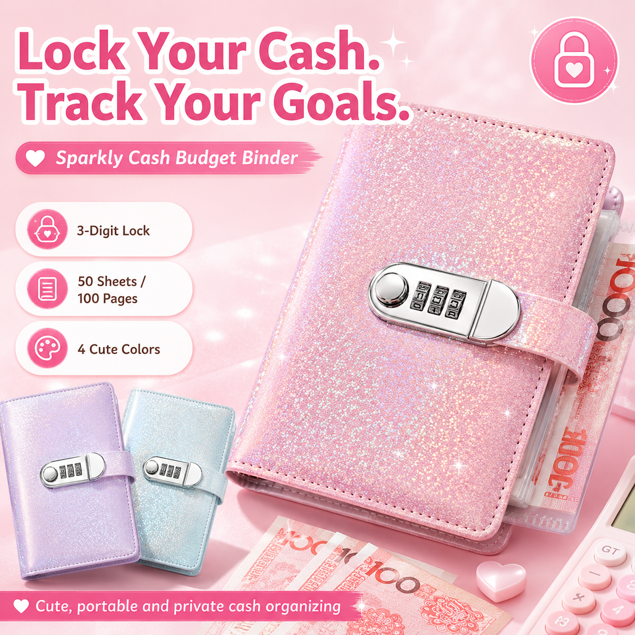 SparkleLock cash savings binder with three-digit combination lock