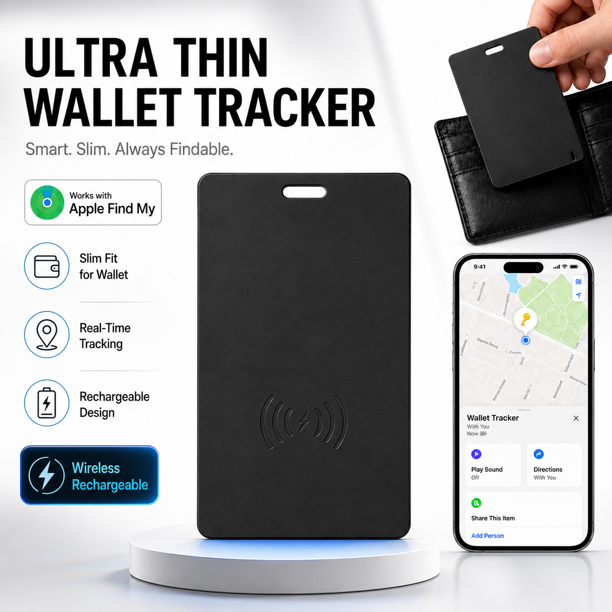 Smart tracking card for wallets, keys, bags and luggage
