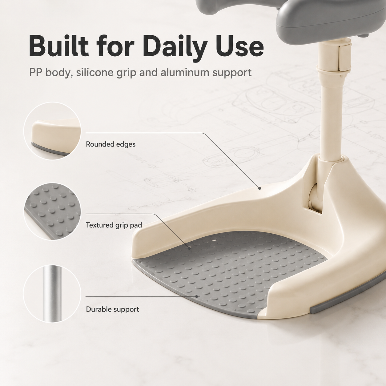Foldable bath support stored vertically against wall