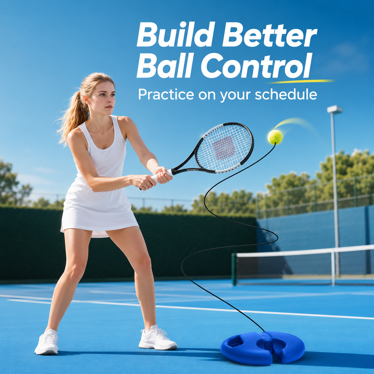 Solo tennis player hitting ball in driveway setup