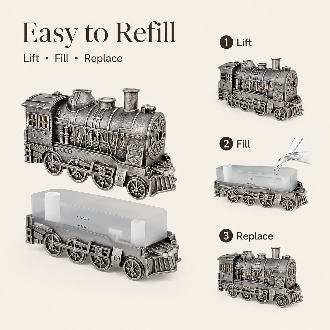 Steam train diffuser with mist and warm ambient light