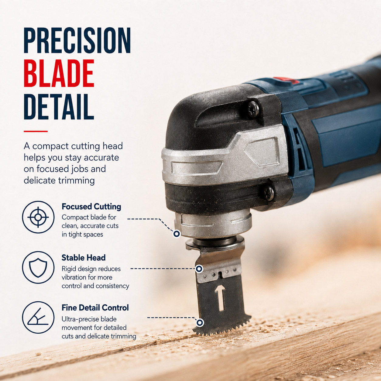 Close up of compact cutting head and precision blade on cordless cutter
