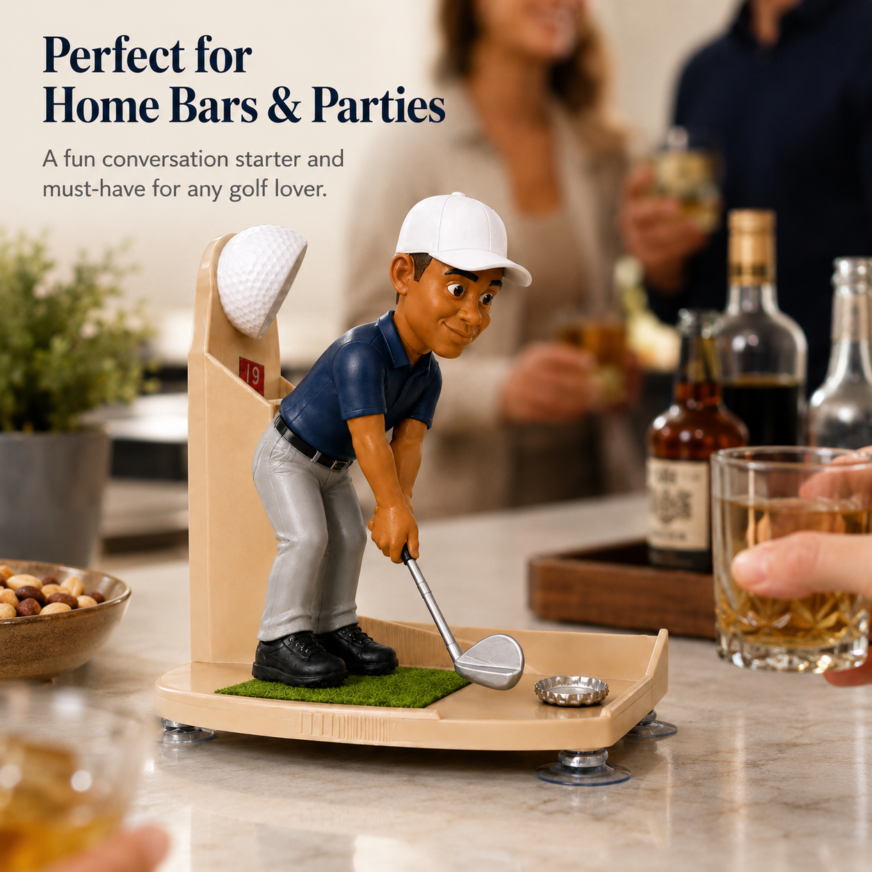 Golf bottle opener for home bars and parties
