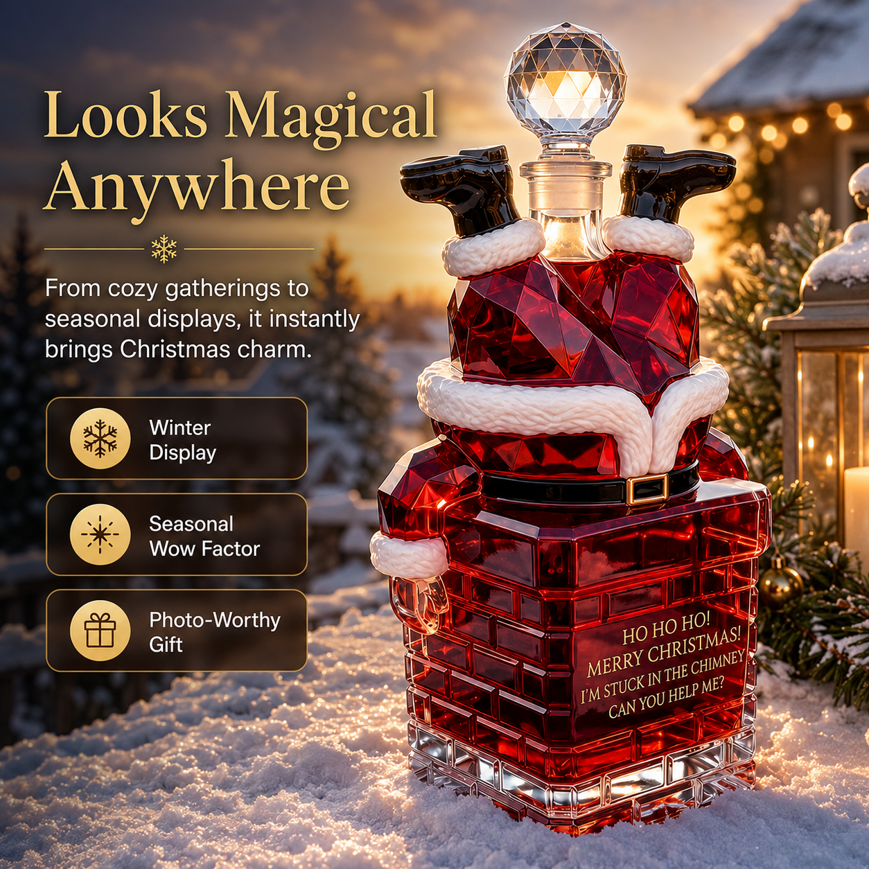 Santa Stuck in Chimney Glass Decanter