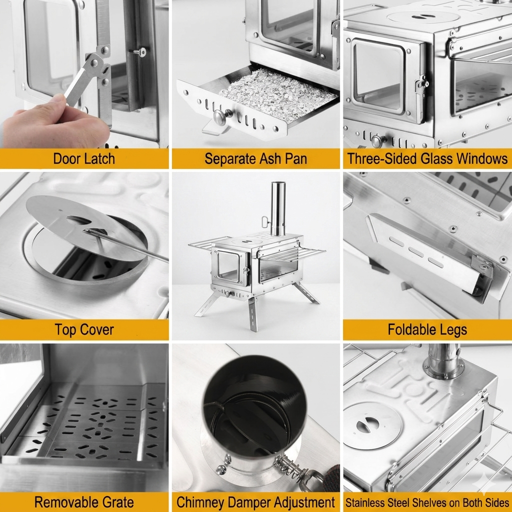 Precision airflow control with an adjustable air vent on the wood stove door for heat management.