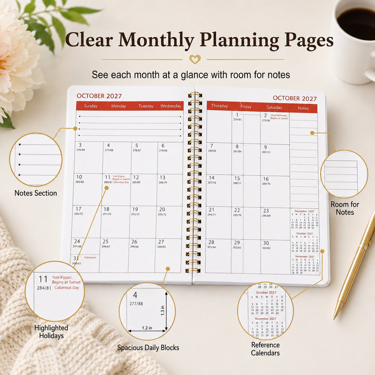Monthly calendar planning pages