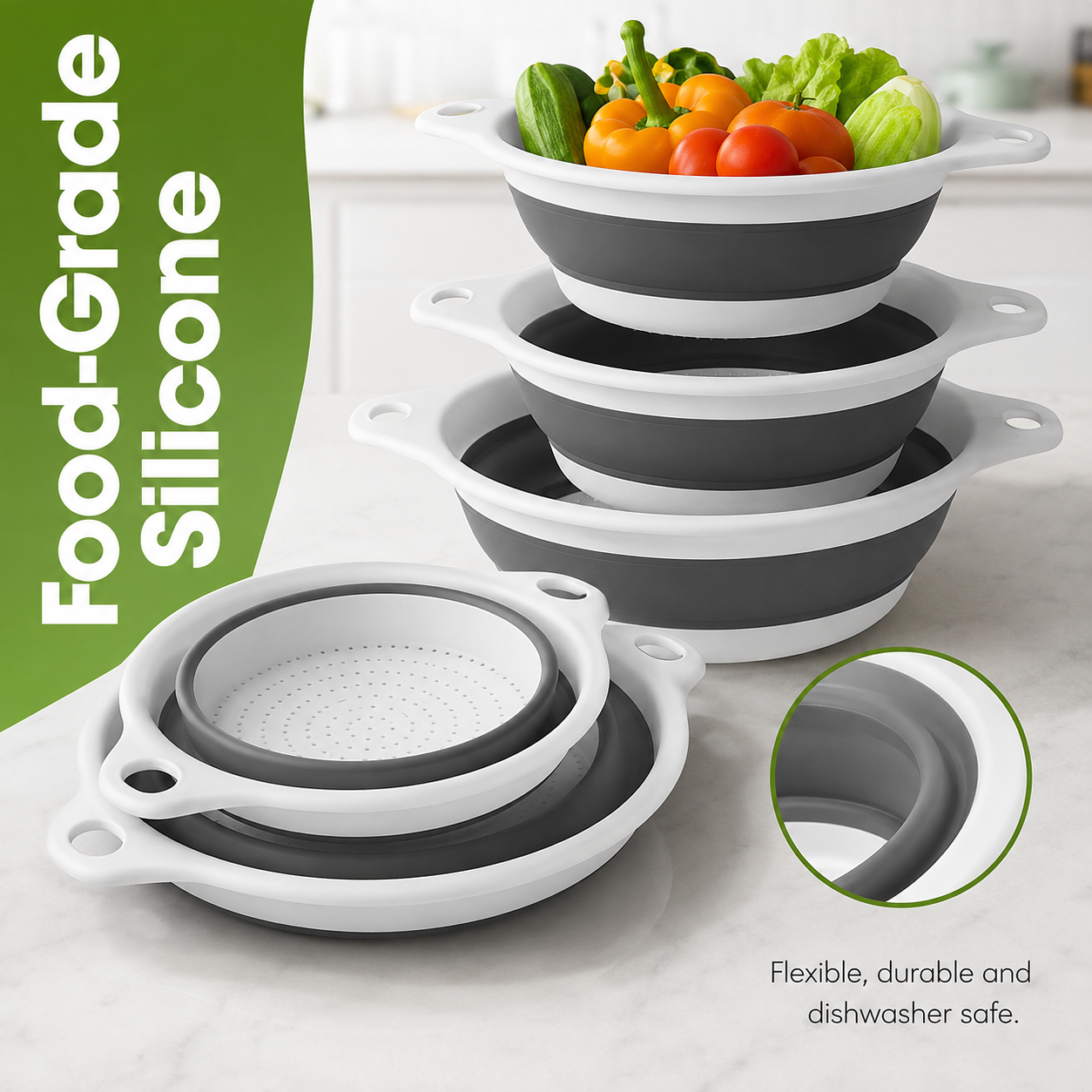 Collapsible silicone colanders stacked flat down to 1.3 inches