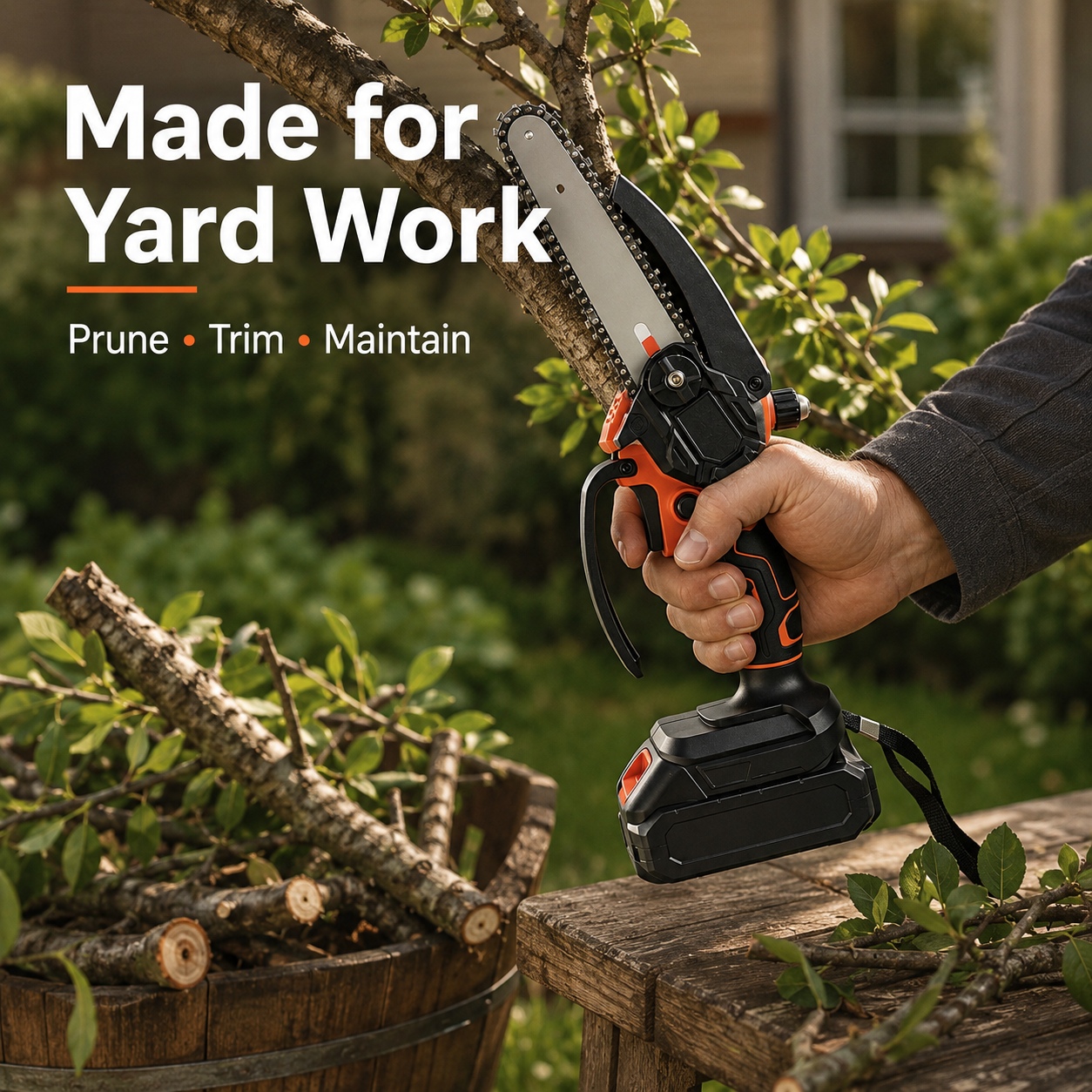Handheld mini chainsaw cutting thick branch with ease