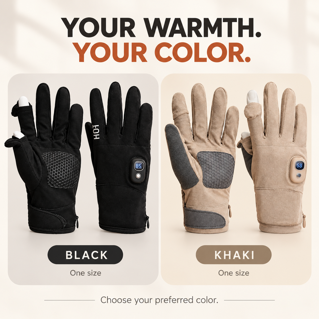 Black and khaki heated gloves