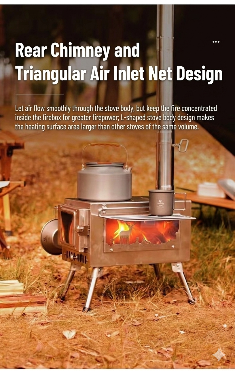Compact camping wood stove with all chimney pipes stored inside for easy travel and storage.