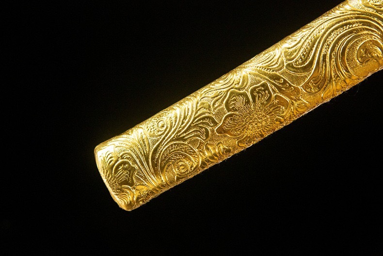 The unsheathed Gold Katana and its scabbard are displayed diagonally, showcasing the blade profile and decorative details.