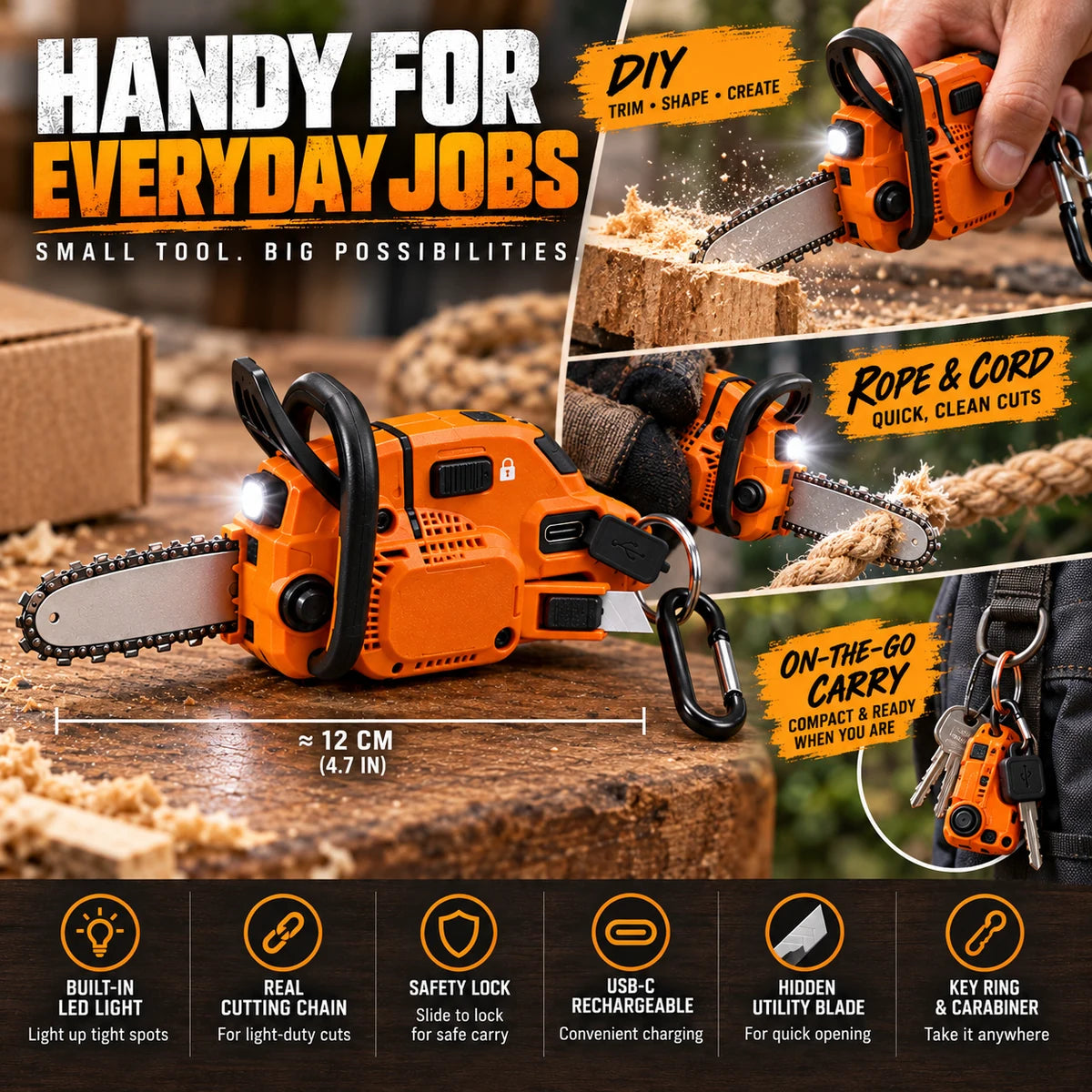 Utility keychain tool shown for DIY jobs, rope cutting, and easy everyday tasks