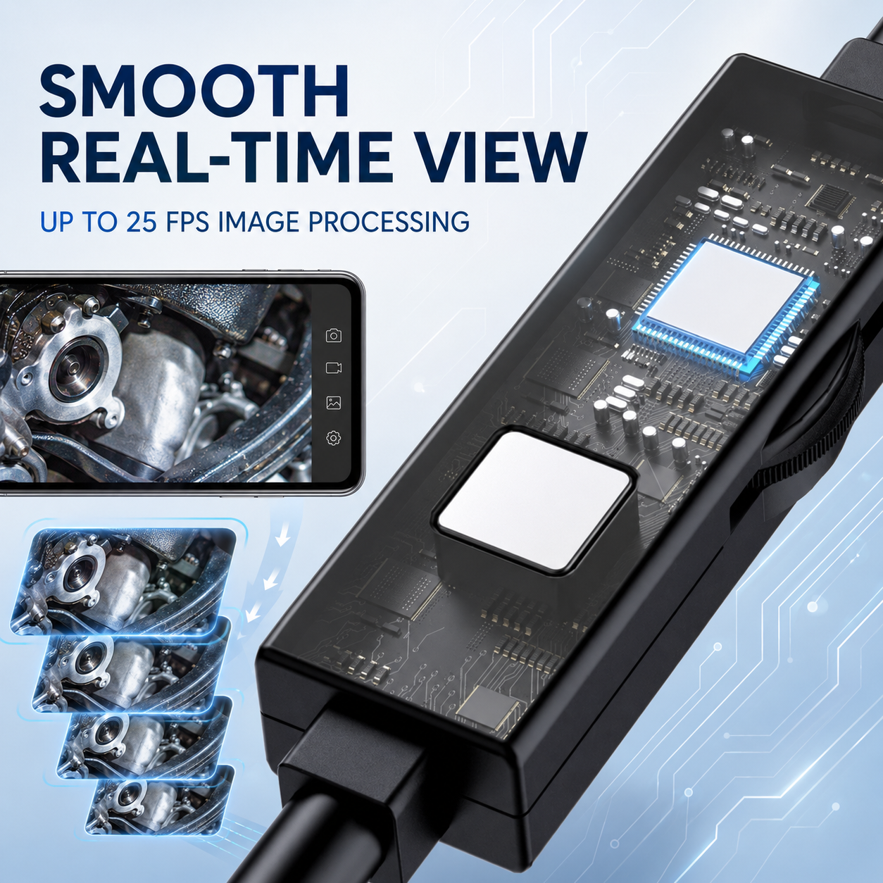 Mirror hook magnet and protective hood for inspection camera